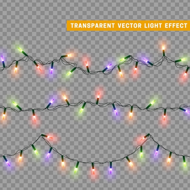 Guirnalda de decoración aislada de luces navideñas. Lámparas con bombilla LED de neón de colores brillantes. Decoración navideña. Efecto de luz de diseño 3d realista. Lámparas guirnaldas elemento decorativo de Año Nuevo. ilustración vectorial