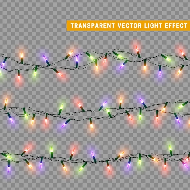 Guirnalda de decoración aislada de luces navideñas. Lámparas con bombilla LED de neón de colores brillantes. Decoración navideña. Efecto de luz de diseño 3d realista. Lámparas guirnaldas elemento decorativo de Año Nuevo. ilustración vectorial