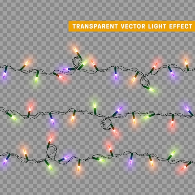 Guirnalda de decoración aislada de luces navideñas. Lámparas con bombilla LED de neón de colores brillantes. Decoración navideña. Efecto de luz de diseño 3d realista. Lámparas guirnaldas elemento decorativo de Año Nuevo. ilustración vectorial