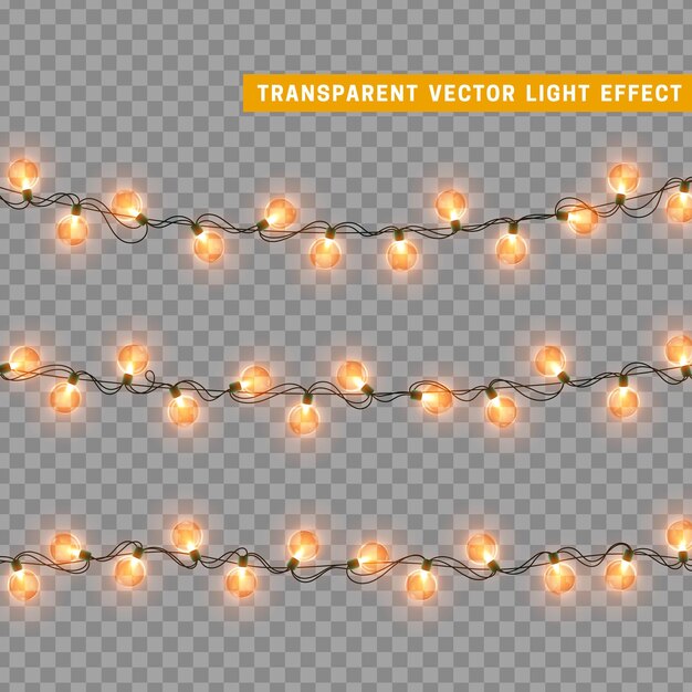 Guirnalda de decoración aislada de luces navideñas. Lámparas con bombilla LED de neón de colores brillantes. Decoración navideña. Efecto de luz de diseño 3d realista. Lámparas guirnaldas elemento decorativo de Año Nuevo. ilustración vectorial