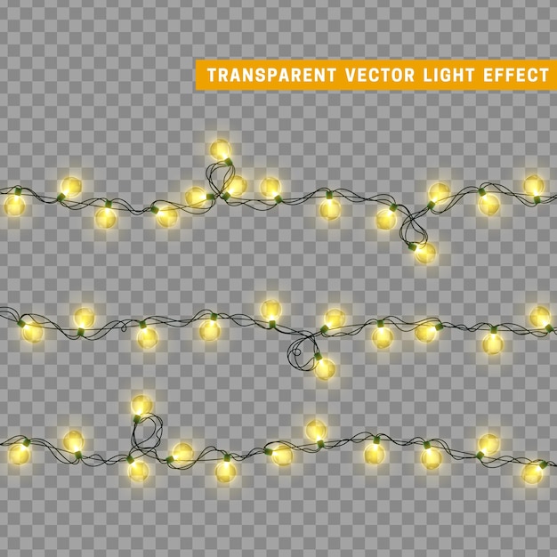 Guirnalda de decoración aislada de luces navideñas. Lámparas con bombilla LED de neón de colores brillantes. Decoración navideña. Efecto de luz de diseño 3d realista. Lámparas guirnaldas elemento decorativo de Año Nuevo. ilustración vectorial