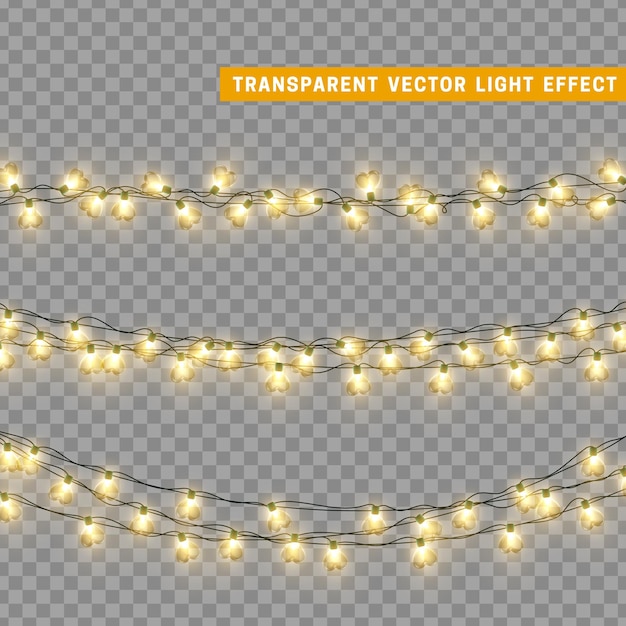 Guirnalda de decoración aislada de luces navideñas. Lámparas con bombilla LED de neón de colores brillantes. Decoración navideña. Efecto de luz de diseño 3d realista. Lámparas guirnaldas elemento decorativo de Año Nuevo. ilustración vectorial