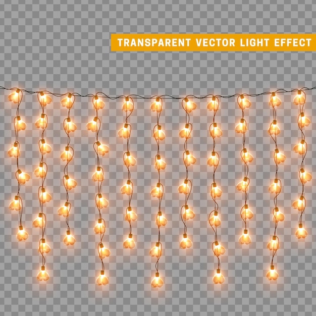 Guirnalda de decoración aislada de luces navideñas. Lámparas con bombilla LED de neón de colores brillantes. Decoración navideña. Efecto de luz de diseño 3d realista. Lámparas guirnaldas elemento decorativo de Año Nuevo. ilustración vectorial