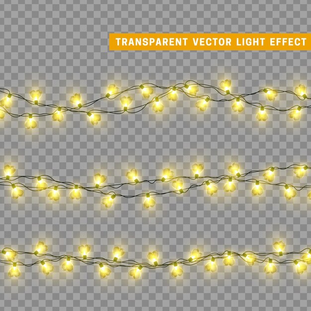 Guirnalda de decoración aislada de luces navideñas. Lámparas con bombilla LED de neón de colores brillantes. Decoración navideña. Efecto de luz de diseño 3d realista. Lámparas guirnaldas elemento decorativo de Año Nuevo. ilustración vectorial