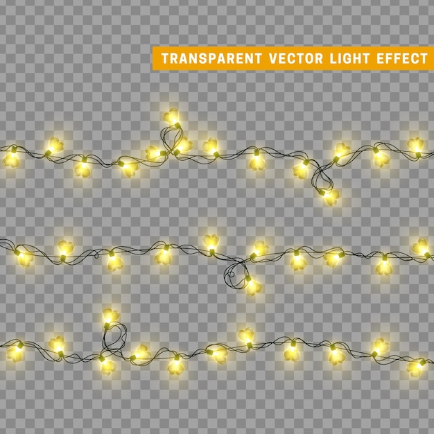 Guirnalda de decoración aislada de luces navideñas. Lámparas con bombilla LED de neón de colores brillantes. Decoración navideña. Efecto de luz de diseño 3d realista. Lámparas guirnaldas elemento decorativo de Año Nuevo. ilustración vectorial