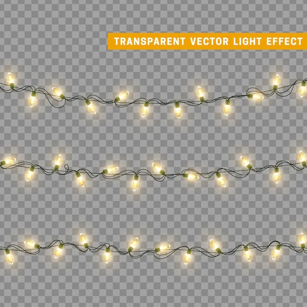 Guirnalda de decoración aislada de luces navideñas. Lámparas con bombilla LED de neón de colores brillantes. Decoración navideña. Efecto de luz de diseño 3d realista. Lámparas guirnaldas elemento decorativo de Año Nuevo. ilustración vectorial