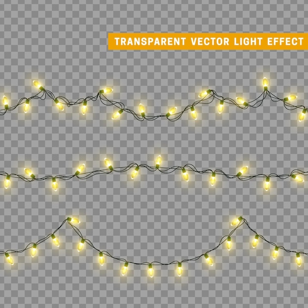 Guirnalda de decoración aislada de luces navideñas. Lámparas con bombilla LED de neón de colores brillantes. Decoración navideña. Efecto de luz de diseño 3d realista. Lámparas guirnaldas elemento decorativo de Año Nuevo. ilustración vectorial