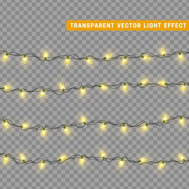 Guirnalda de decoración aislada de luces navideñas. Lámparas con bombilla LED de neón de colores brillantes. Decoración navideña. Efecto de luz de diseño 3d realista. Lámparas guirnaldas elemento decorativo de Año Nuevo. ilustración vectorial