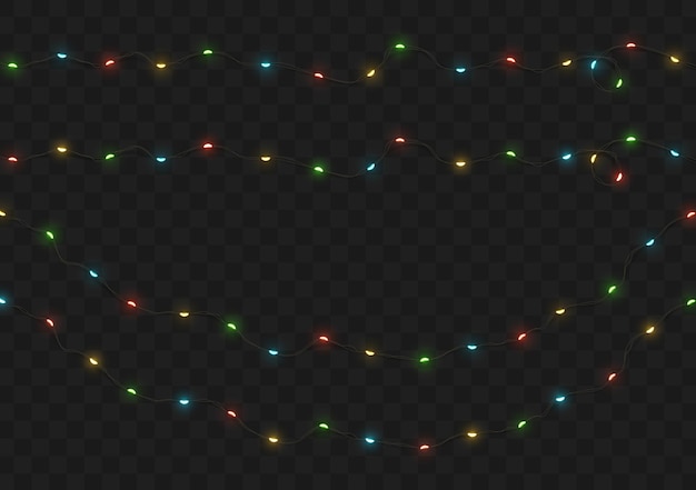 Guirnalda de decoración aislada de luces navideñas. Lámparas con bombilla LED de neón de colores brillantes. Decoración navideña. Efecto de luz de diseño 3d realista. Lámparas guirnaldas elemento decorativo de Año Nuevo. ilustración vectorial