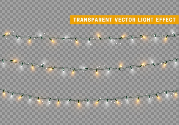 Guirnalda de decoración aislada de luces navideñas. Lámparas con bombilla LED de neón de colores brillantes. Decoración navideña. Efecto de luz de diseño 3d realista. Lámparas guirnaldas elemento decorativo de Año Nuevo. ilustración vectorial