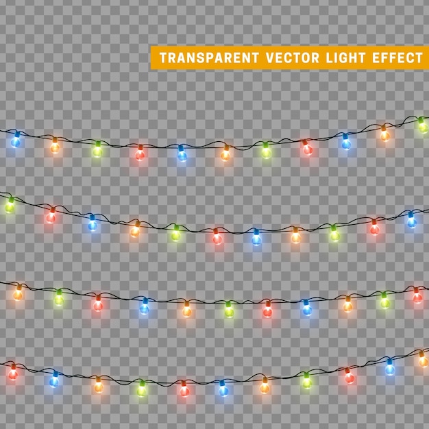 Guirnalda de decoración aislada de luces navideñas. Lámparas con bombilla LED de neón de colores brillantes. Decoración navideña. Efecto de luz de diseño 3d realista. Lámparas guirnaldas elemento decorativo de Año Nuevo. ilustración vectorial