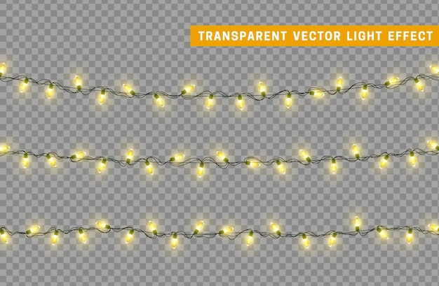 Guirnalda de decoración aislada de luces navideñas. Lámparas con bombilla LED de neón de colores brillantes. Decoración navideña. Efecto de luz de diseño 3d realista. Lámparas guirnaldas elemento decorativo de Año Nuevo. ilustración vectorial