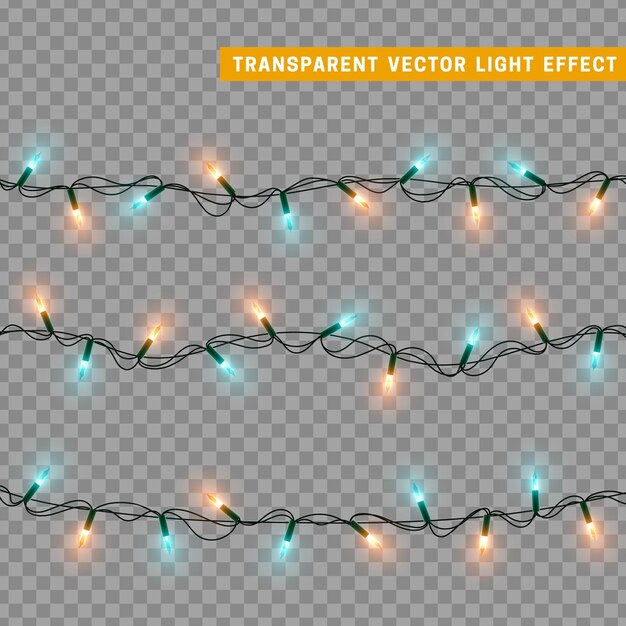 Guirnalda de decoración aislada de luces navideñas. Lámparas con bombilla LED de neón de colores brillantes. Decoración navideña. Efecto de luz de diseño 3d realista. Lámparas guirnaldas elemento decorativo de Año Nuevo. ilustración vectorial