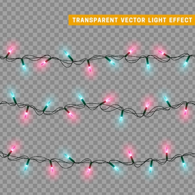 Guirnalda de decoración aislada de luces navideñas. Lámparas con bombilla LED de neón de colores brillantes. Decoración navideña. Efecto de luz de diseño 3d realista. Lámparas guirnaldas elemento decorativo de Año Nuevo. ilustración vectorial