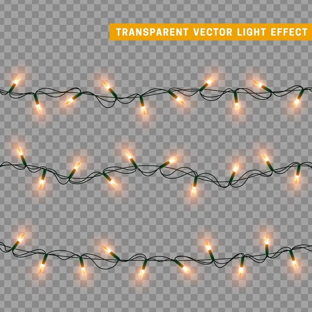 Guirnalda de decoración aislada de luces navideñas. Lámparas con bombilla LED de neón de colores brillantes. Decoración navideña. Efecto de luz de diseño 3d realista. Lámparas guirnaldas elemento decorativo de Año Nuevo. ilustración vectorial