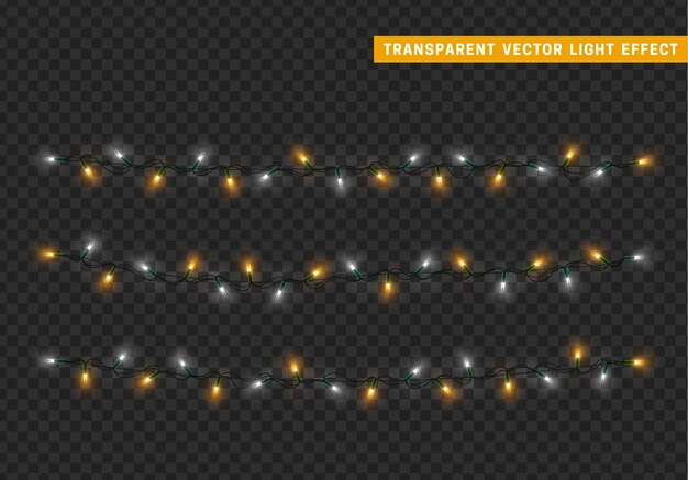 Guirnalda de decoración aislada de luces navideñas. Lámparas con bombilla LED de neón de colores brillantes. Decoración navideña. Efecto de luz de diseño 3d realista. Lámparas guirnaldas elemento decorativo de Año Nuevo. ilustración vectorial
