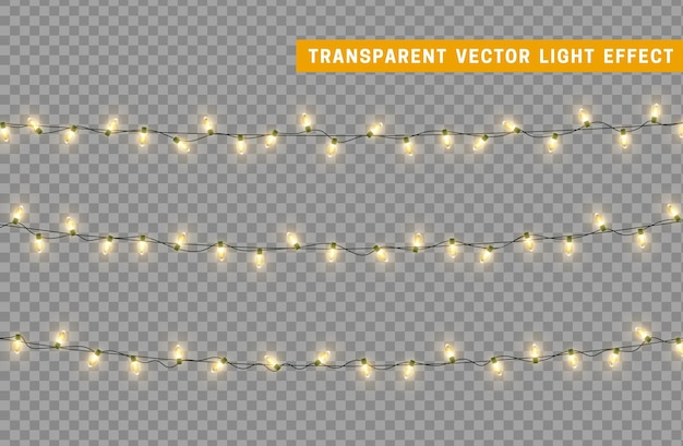 Guirnalda de decoración aislada de luces navideñas. Lámparas que brillan bombilla LED de neón de color. Decoración de vacaciones de Navidad. Efecto de luz de diseño 3d realista. Lámparas guirnaldas elemento decorativo de Año Nuevo. ilustración vectorial