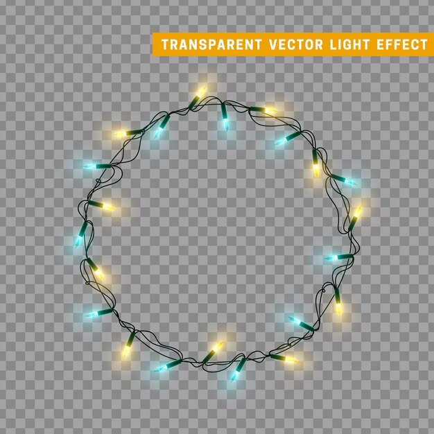 Guirnalda de decoración aislada de luces navideñas. Lámparas que brillan bombilla LED de neón de color. Decoración de vacaciones de Navidad. Efecto de luz de diseño 3d realista. Lámparas guirnaldas elemento decorativo de Año Nuevo. ilustración vectorial