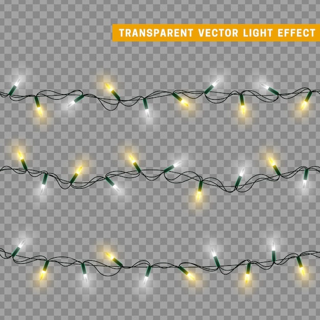 Guirnalda de decoración aislada de luces navideñas. Lámparas que brillan bombilla LED de neón de color. Decoración de vacaciones de Navidad. Efecto de luz de diseño 3d realista. Lámparas guirnaldas elemento decorativo de Año Nuevo. ilustración vectorial