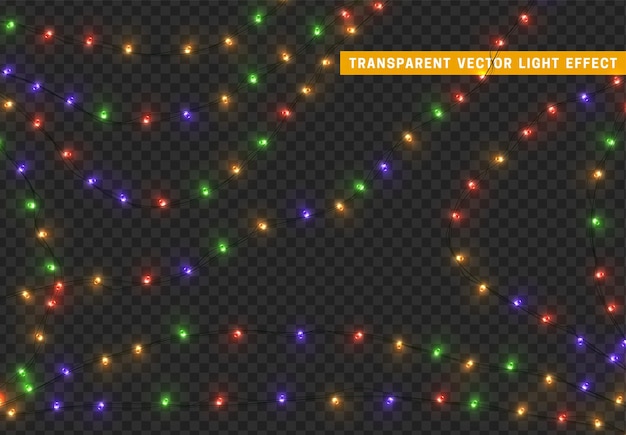 Guirnalda de decoración aislada de luces navideñas. Lámparas que brillan bombilla LED de neón de color. Decoración de vacaciones de Navidad. Efecto de luz de diseño 3d realista. Lámparas guirnaldas elemento decorativo de Año Nuevo. ilustración vectorial