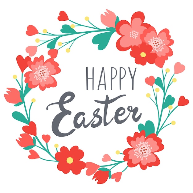 Guirnalda decorativa dibujada a mano con flores, hojas, texto. Letras felices vacaciones de Pascua. Marco colorido floral de primavera. Ilustración de vector abstracto aislado sobre fondo blanco