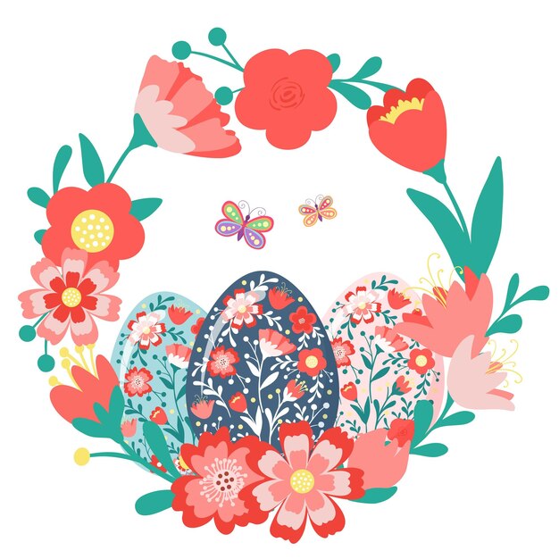 Guirnalda decorativa dibujada a mano con huevos de Pascua, mariposa, flores, hojas. Marco colorido floral de primavera. Ilustración de vector abstracto aislado sobre fondo blanco
