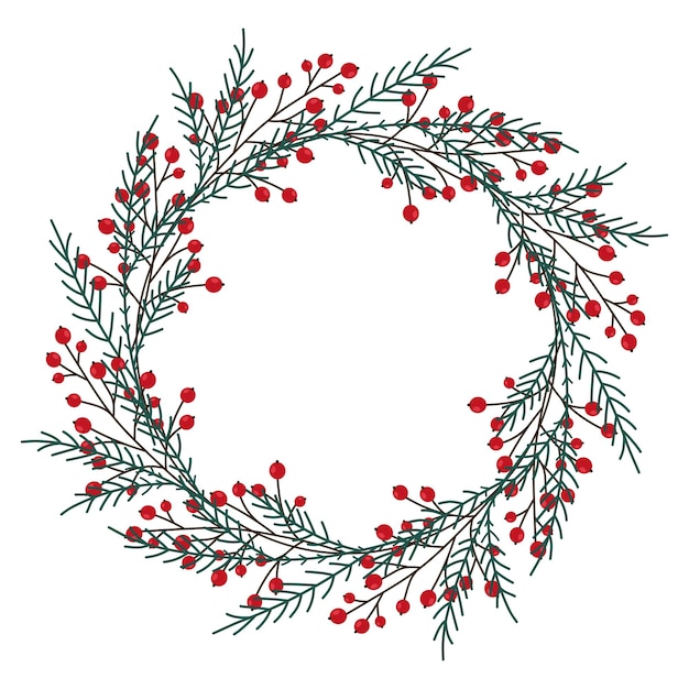 Guirnalda dibujada a mano de Navidad con bayas y ramas de árboles de Navidad Elementos acogedores florales de invierno Marcos florales vectoriales Ilustración de feliz año nuevo aislada en un fondo blanco