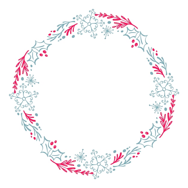 Guirnalda dibujada a mano de Navidad Elementos de diseño de invierno floral rojo y azul aislados sobre fondo blanco