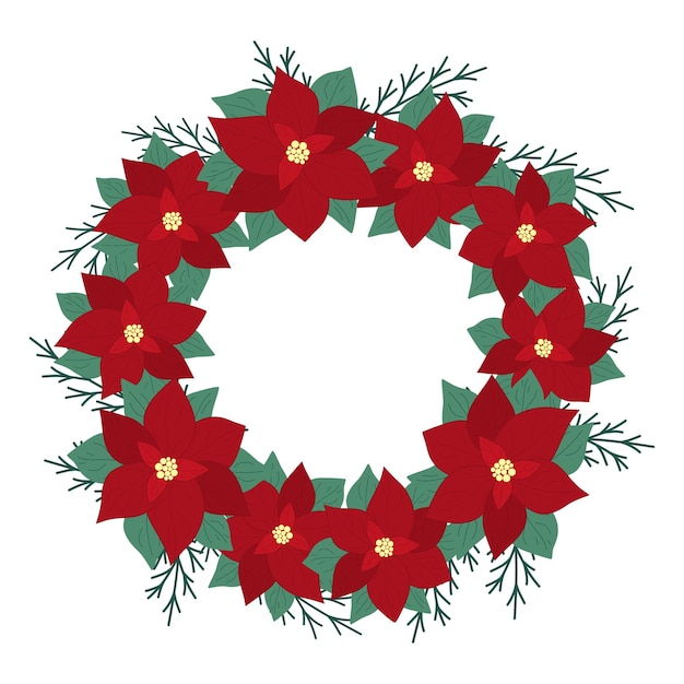 Guirnalda dibujada a mano de Navidad con Poinsettia y ramas de árboles de Navidad Elementos acogedores florales de invierno Marcos florales vectoriales Ilustración de feliz año nuevo aislada en un fondo blanco