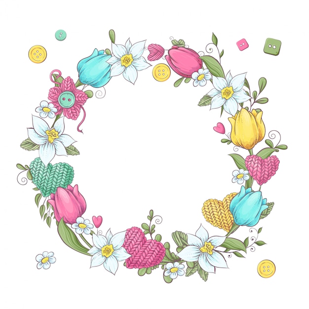 Guirnalda de dibujos animados de elementos de punto y accesorios y flores de primavera. Dibujo a mano. Ilustración vectorial