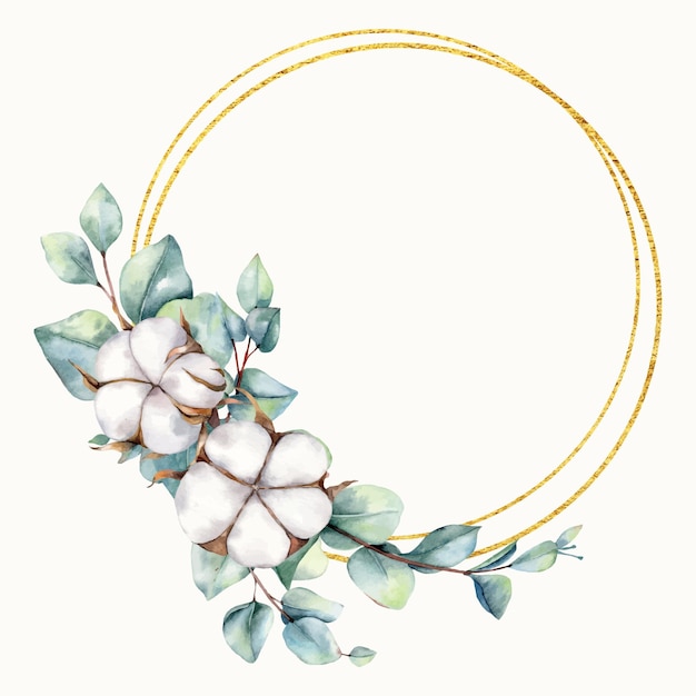 Vector guirnalda floral acuarela con flores de algodón y hojas de eucalipto, corona de flores de algodón