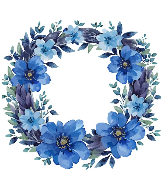 Guirnalda floral azul acuarela sobre fondo blanco
