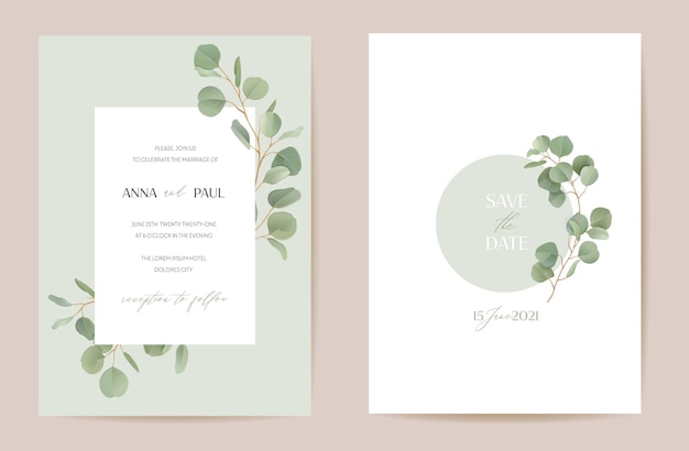 Guirnalda floral realista de eucalipto con hojas de ramas de vegetación acuarela. Vector ilustración de banner vintage de verano. Invitación de boda moderna de laurel, tarjeta de marco de moda, diseño de lujo