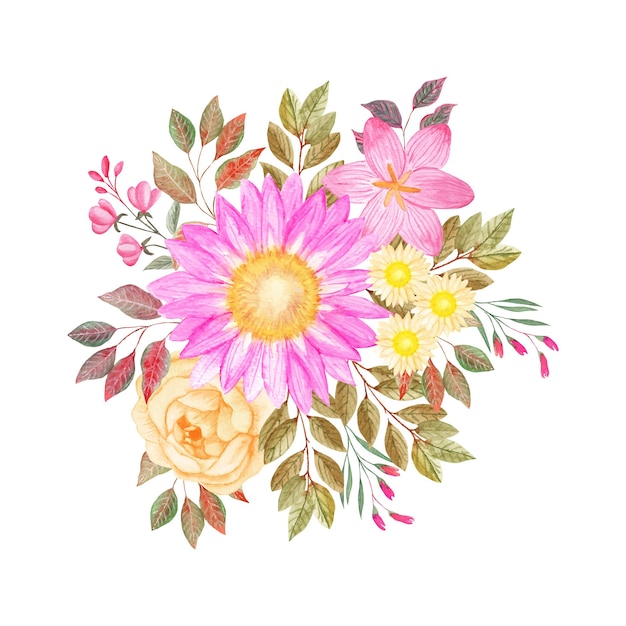 Vector guirnalda floral rosa acuarela con hojas de colores