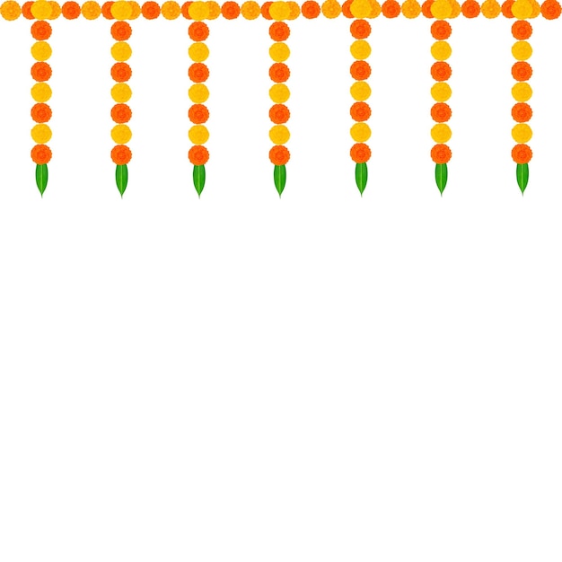 Guirnalda de flores de caléndula india tradicional con decoración de hojas de mango para fiestas hindúes indias o