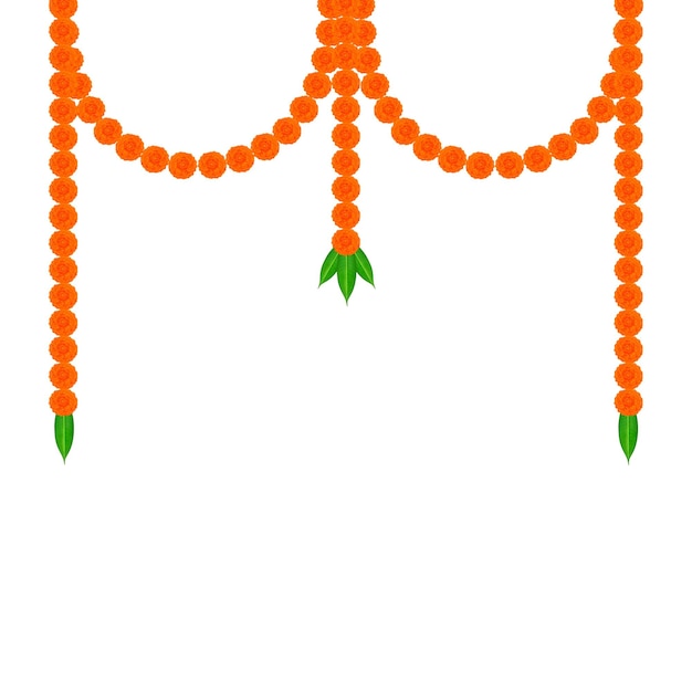 Guirnalda de flores de caléndula india tradicional con decoración de hojas de mango para fiestas hindúes indias o