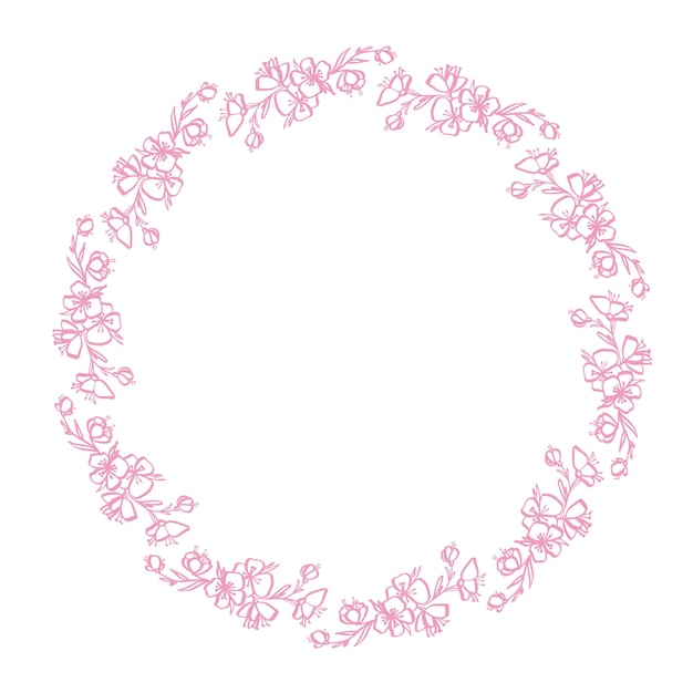 Guirnalda de flores rosadas Marco dibujado a mano hecho en vector con lineart Aislado sobre fondo blanco