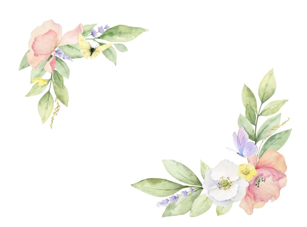 Guirnalda de flores silvestres y mariposas acuarela vector aislado sobre fondo blanco