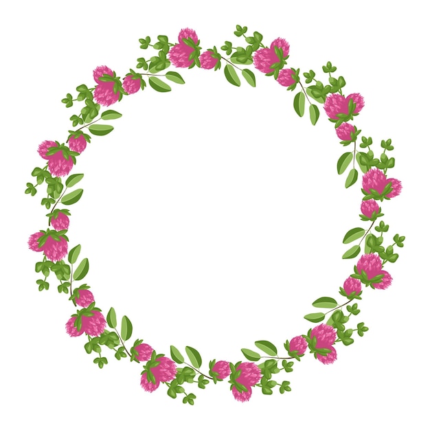 Guirnalda de flores de trébol rosa Marco redondo linda planta brillante con hojas de trébol Decoraciones festivas para el cartel y el diseño de la postal de vacaciones de boda Ilustración plana vectorial