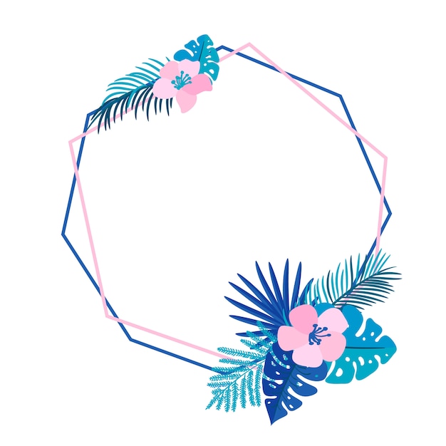 Guirnalda geométrica de verano con flores de palmeras tropicales y lugar para el texto. Vector abstracto de hierba plana