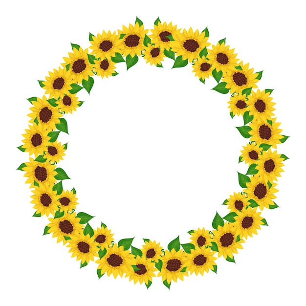 Guirnalda de girasol amarillo con hojas verdes marco redondo lindas flores brillantes con corazones oscuros decoraciones festivas para el diseño y el cartel de la postal de vacaciones de boda ilustración plana vectorial