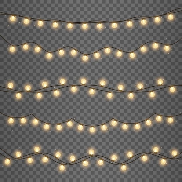 Guirnalda de lámparas doradas. Luces brillantes para vacaciones de Navidad