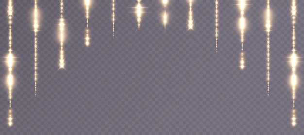 Guirnalda de luces doradas que cuelgan líneas verticales Fondo de vacaciones vectorial. Lluvia de puntos de confeti,