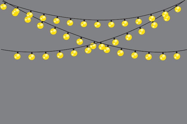 Guirnalda de luz colgante bombillas brillantes amarillas luces festivas de cuerda fondo gris vectorial