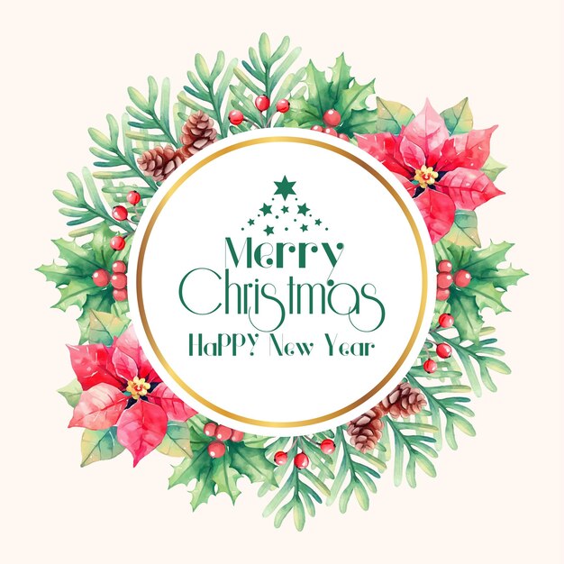 Guirnalda de Navidad acuarela con flores de nochebuena