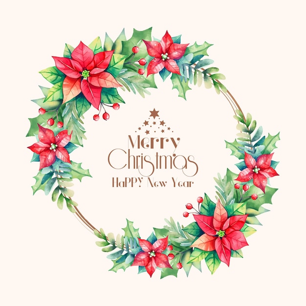 Guirnalda de Navidad acuarela con flores de nochebuena