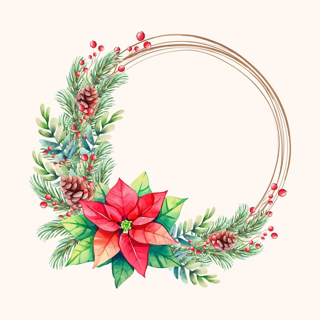 Guirnalda de Navidad acuarela con flores de nochebuena