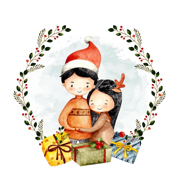 Guirnalda de Navidad acuarela con pareja