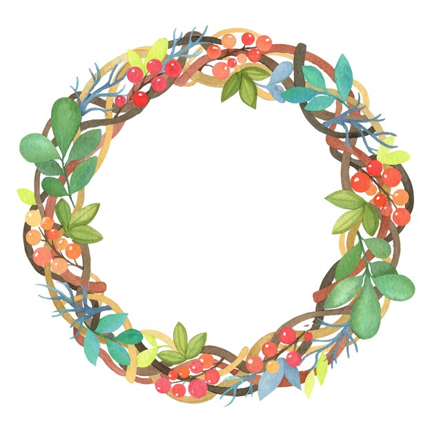 Guirnalda de Navidad acuarela de ramas, hojas y flores