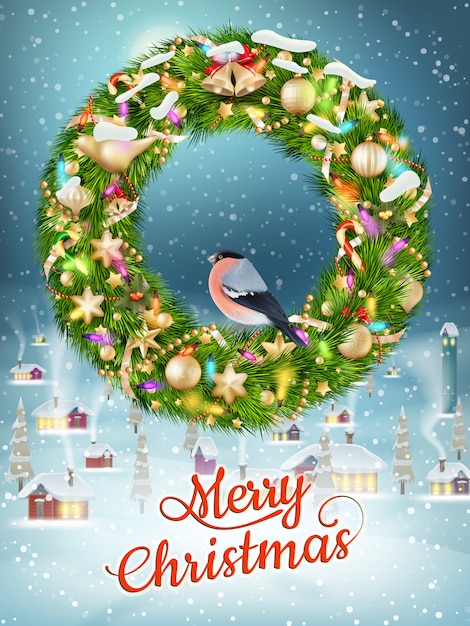 Guirnalda de Navidad con adornos. Feliz navidad, tarjeta de felicitación